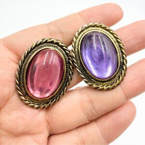 Vintage Oval Cabochon Earrings Pink & Purple Glass Gold Tone